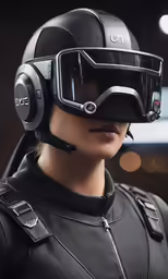 a woman wearing a helmet and looking off into the distance