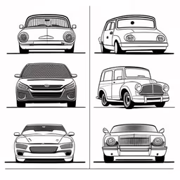 the four different styles of cars in black and white,various types of cars that are drawn on paper