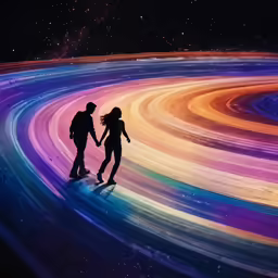 two people are walking along a colorful swirl
