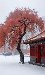 tree in the middle of winter with red shinge