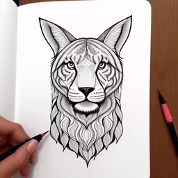 a person is drawing in a notebook with marker pens,a hand holding a pencil drawing an animal,someone drawing a tiger head on paper,a drawing of a tiger with long hair,someone is drawing a tiger head on a piece of paper