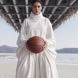 a woman dressed in white holding a basketball on the beach
