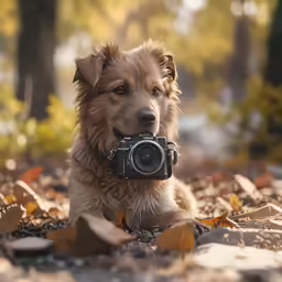 a brown dog sitting on leaves while holding a camera