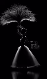 a woman with an umbrella and dress is on a dark background