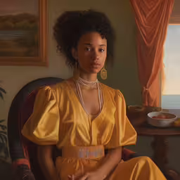 a painting of a woman sitting on a chair wearing an orange dress,the painting shows a beautiful young woman in a yellow gown