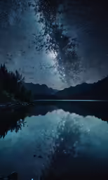 a lake surrounded by trees under a starr filled sky