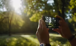 a person is taking pictures with their cell phone in the park