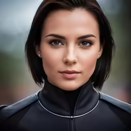 woman wearing a black suit and silver zipper