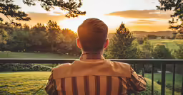 person sitting on a deck at sunset overlooking a large grassy field and wooded area