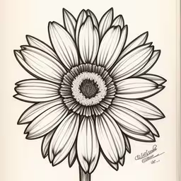 this is an old school drawing of a sunflower,a drawing of a flower, with a black and white drawing on it,black and white drawing of an abstractly designed sunflower,the drawing of a flower is very unique,drawing of a large sunflower flower