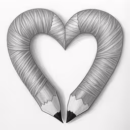 a pencil drawing of a heart shaped up with two sharp pens,a drawing of two pencils with a heart shape,a pencil drawing of two hearts and one with their ends torn off,two pencils in the shape of a heart,a pencil drawing with a heart shaped frame