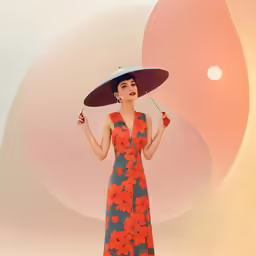 a woman wearing a long dress and hat poses in front of a multi - colored background