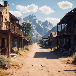 a dirt road between two wooden buildings with mountains in the background