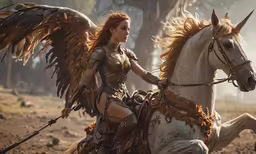 a woman sitting on top of a horse with wings