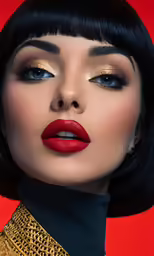 a woman with bright makeup and a black outfit