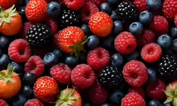 the berries and strawberries are arranged neatly in this image