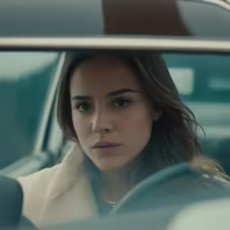 a woman in a white coat sitting inside of a car