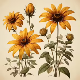 three yellow flowers are arranged in a line on a white background