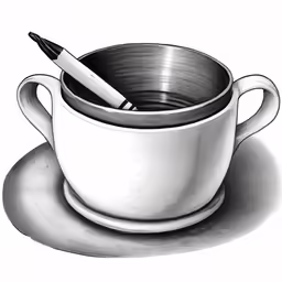 a bowl with a spoon inside and another with a saucer in front