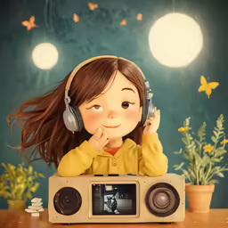 the little girl has headphones on and is listening to the music