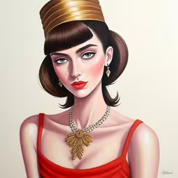 a painting of a woman with a tiara,a painting of a woman wearing a tiara and necklace,a drawing of a woman with a tiara,painting of woman wearing an extravagant red dress and gold jewelry,a woman wearing a tiara in red with a necklace