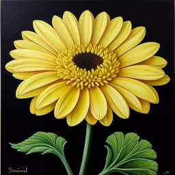 a picture of a large yellow flower in front of a black background,this is a painting of a large yellow sunflower