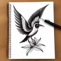 an image of a bird on a flower with its wings open,a small bird with open wings on a spiral notebook