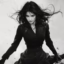 black and white photo of woman in trench coat holding two hands out