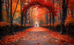 a person walking on a paved path with red trees
