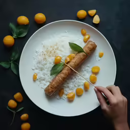 a person reaching for a piece of food with rice and oranges around it