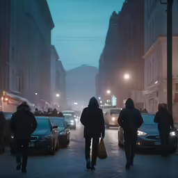 people are walking down the street in a winter storm