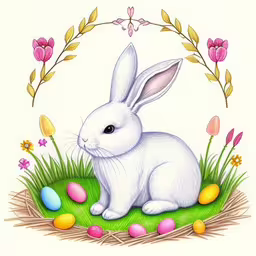 a drawing of a bunny in a meadow with eggs,a cartoon of a white bunny sitting on grass