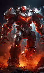 the robot with glowing eyes and hands is standing on a field