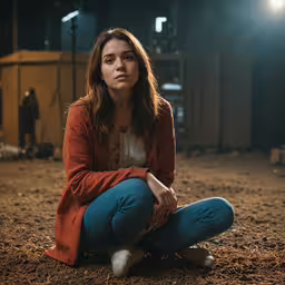 the woman is sitting in front of her camera, holding her feet up,the young girl in the red coat is sitting on the ground