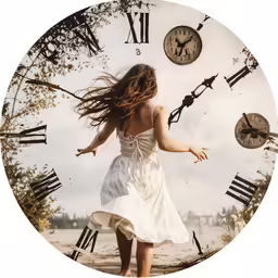 a woman in a white dress is running through the air with long hair on the clock