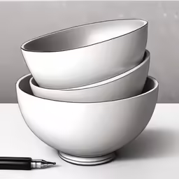 three large bowls stacked on one another with a pen in between them