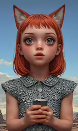an animated girl with big ears holding a cell phone