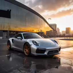 a silver car sits on a wet road