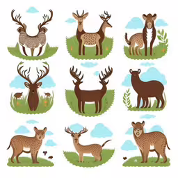 different kinds of deers are shown on the grass,a set of six different pictures with animals