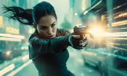 the girl holding a gun in the city