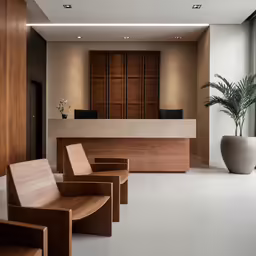 the reception desk of the building has wooden chairs