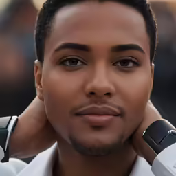a man is holding his hand to his ear and posing for a photo