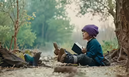 a little girl sitting in the woods reading a book