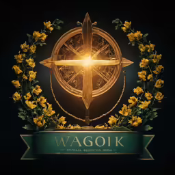 a green banner with a golden compass, and flowers in the center