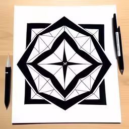 an art work of a pen, ink and paper,there is a drawing on the table with two pens,a drawing of a pentagon with black lines,a drawing on a white paper with two pens,a sketch of a star with two pointed arrows
