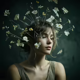 a woman with a bunch of flowers in her hair