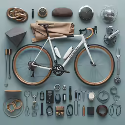 the bicycle is surrounded by accessories that include a cellphone