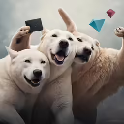 three white dogs posing for a photograph together