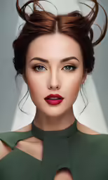 a beautiful woman with red lipstick wearing a green blouse