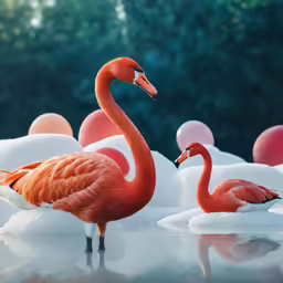two flamingos in the snow stand with their backs turned toward each other